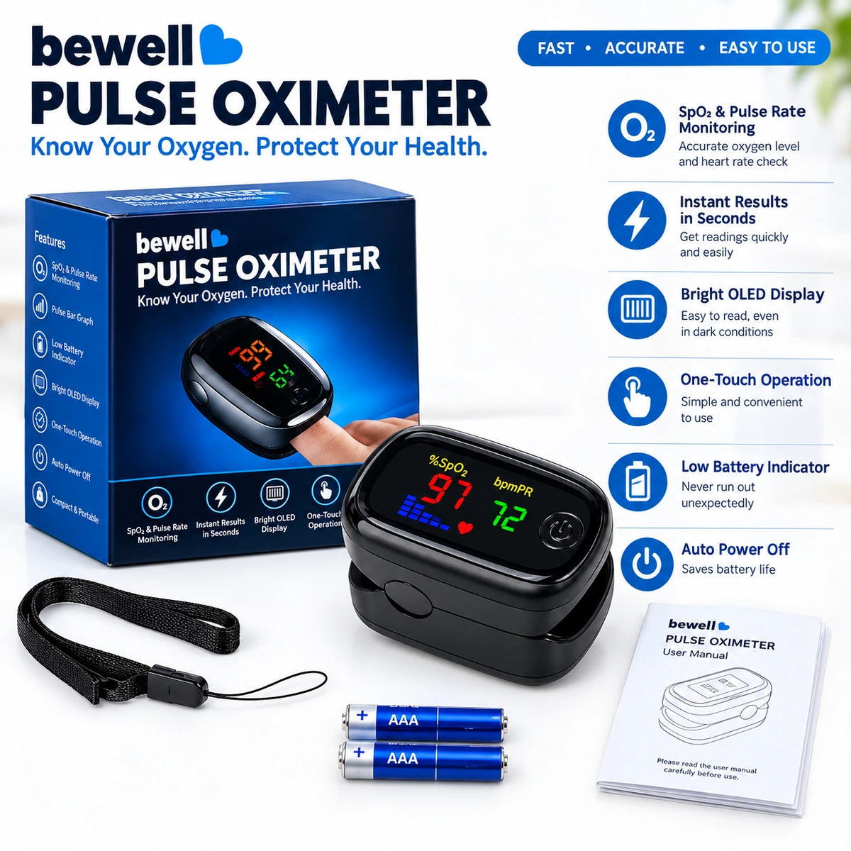 Finger Tip Pulse Oximeter – Digital SpO2 Blood Oxygen & Pulse Rate Monitor