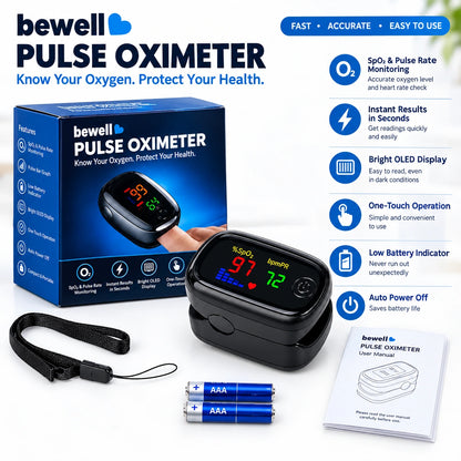 Finger Tip Pulse Oximeter – Digital SpO2 Blood Oxygen & Pulse Rate Monitor